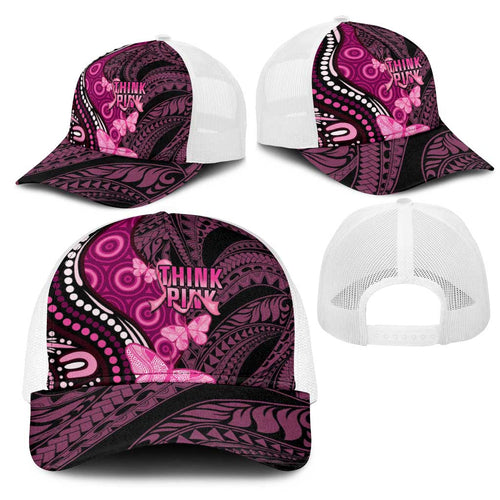 Think Pink Breast Cancer Awareness Australia Mesh Trucker Cap Butterfly Aboriginal Mix Polynesian Pattern - Aussie Hoodie