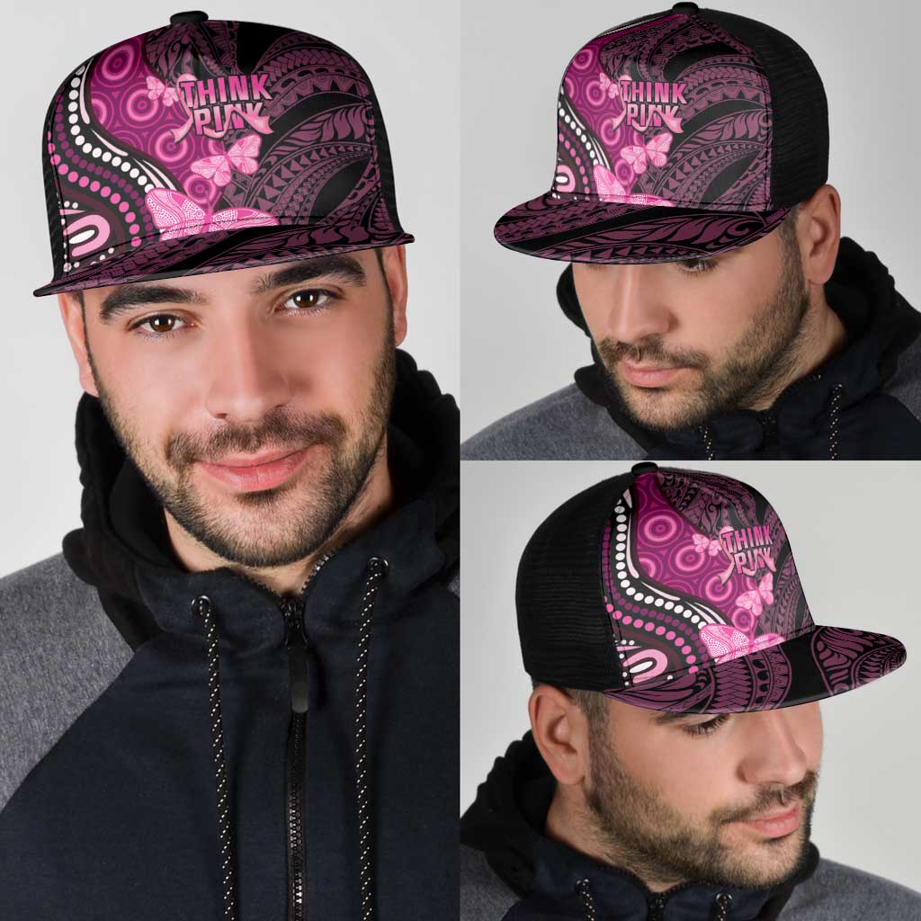 Think Pink Breast Cancer Awareness Australia Mesh Trucker Cap Butterfly Aboriginal Mix Polynesian Pattern - Aussie Hoodie