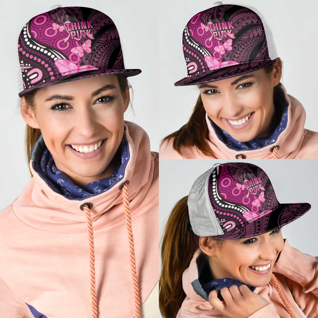 Think Pink Breast Cancer Awareness Australia Mesh Trucker Cap Butterfly Aboriginal Mix Polynesian Pattern - Aussie Hoodie