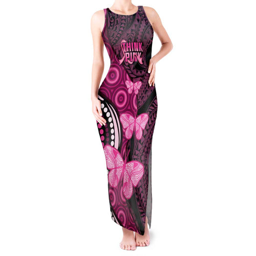 Think Pink Breast Cancer Awareness Tank Maxi Dress Butterfly Aboriginal Mix Polynesian Pattern