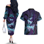 You Matter Suicide Prevention Awareness Couples Matching Off The Shoulder Long Sleeve Dress and Hawaiian Shirt Butterfly Aboriginal Mix Polynesian Pattern