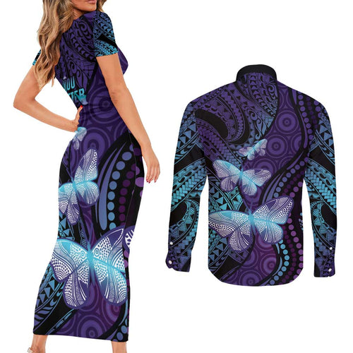 You Matter Suicide Prevention Awareness Couples Matching Short Sleeve Bodycon Dress and Long Sleeve Button Shirt Butterfly Aboriginal Mix Polynesian Pattern
