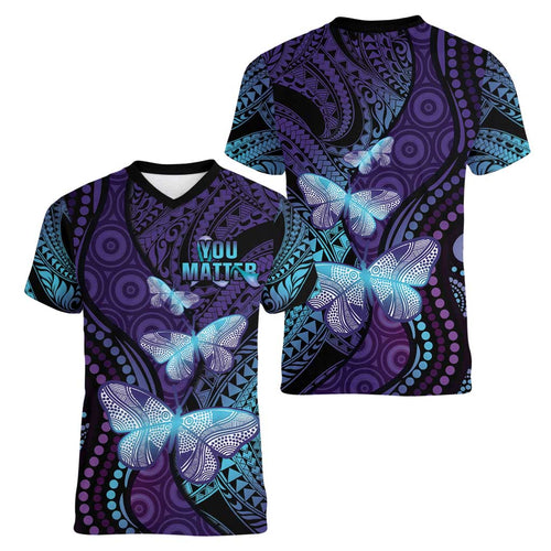 You Matter Suicide Prevention Awareness Women V-Neck T-Shirt Butterfly Aboriginal Mix Polynesian Pattern