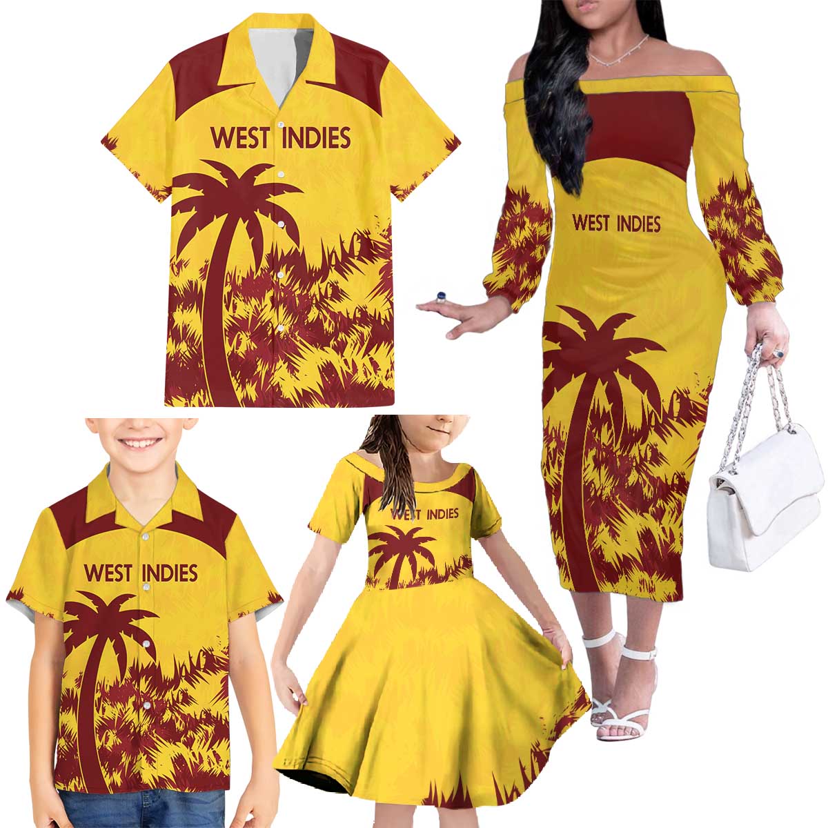 Custom West Indies Cricket Family Matching Off The Shoulder Long Sleeve Dress and Hawaiian Shirt Windies Newest Version