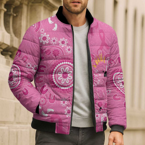 Pink Ribbon Australia Bomber Puffer Jacket Breast Cancer Awareness Aboriginal Cacatua leadbeateri - Aussie Hoodie