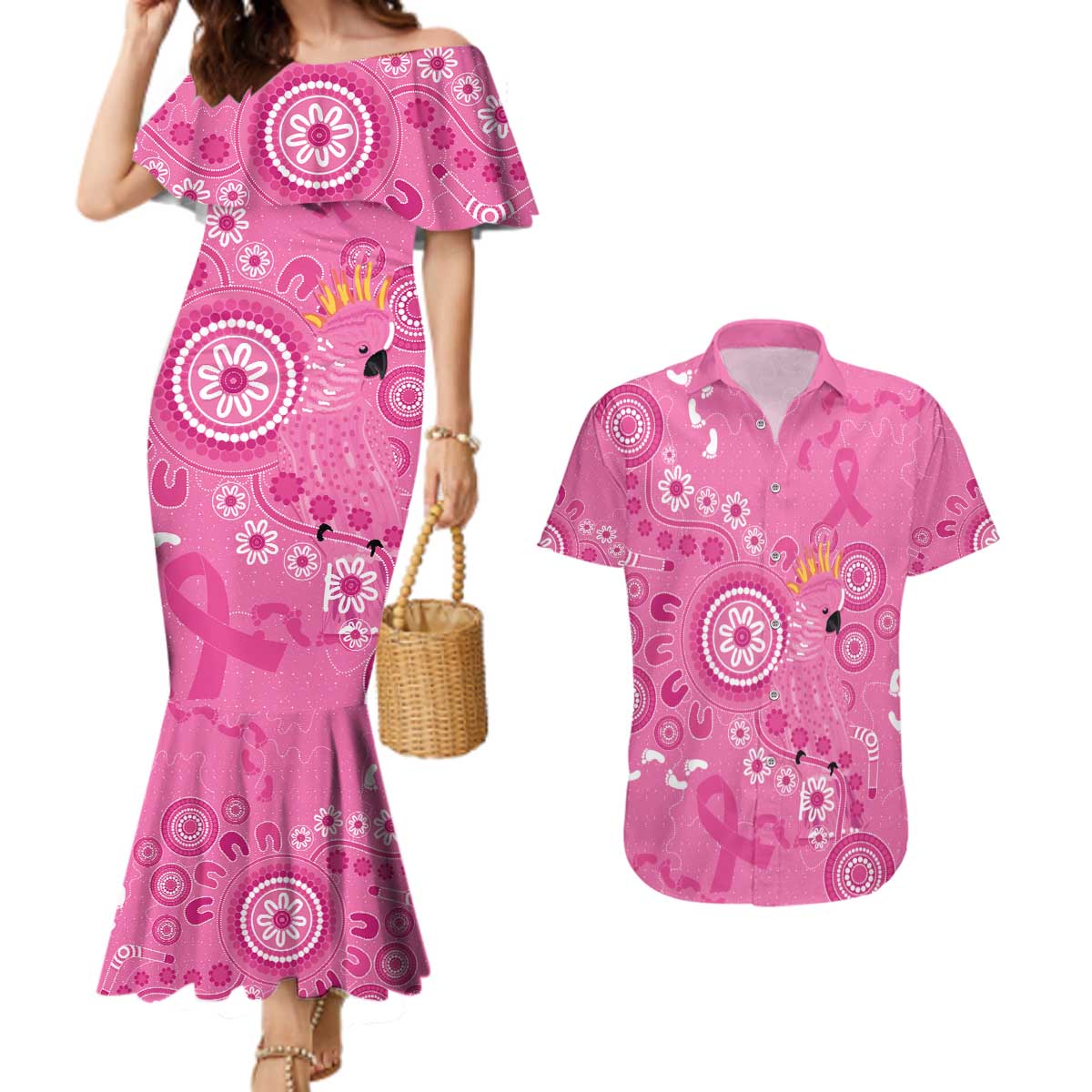 Pink Ribbon Australia Couples Matching Mermaid Dress and Hawaiian Shirt Breast Cancer Awareness Aboriginal Cacatua leadbeateri - Aussie Hoodie