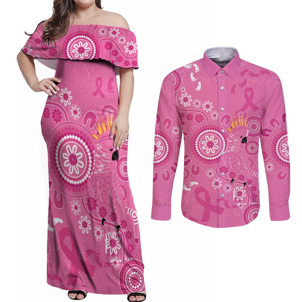 Pink Ribbon Australia Couples Matching Off Shoulder Maxi Dress and Long Sleeve Button Shirt Breast Cancer Awareness Aboriginal Cacatua leadbeateri - Aussie Hoodie