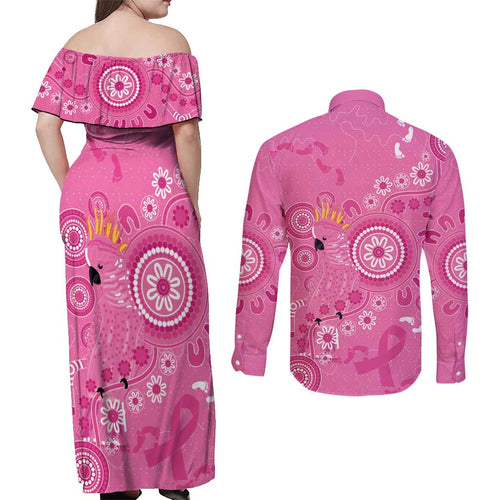Pink Ribbon Australia Couples Matching Off Shoulder Maxi Dress and Long Sleeve Button Shirt Breast Cancer Awareness Aboriginal Cacatua leadbeateri - Aussie Hoodie