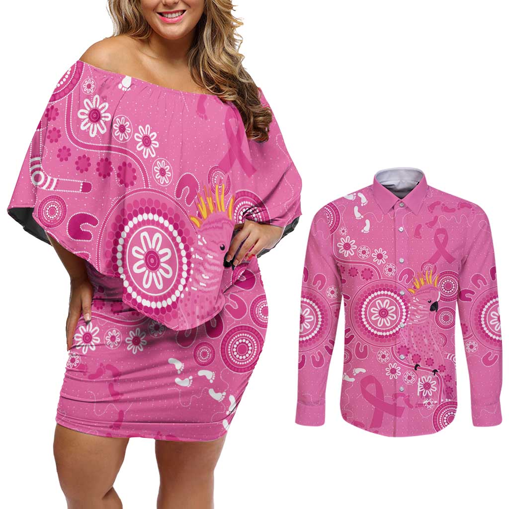 Pink Ribbon Australia Couples Matching Off Shoulder Short Dress and Long Sleeve Button Shirt Breast Cancer Awareness Aboriginal Cacatua leadbeateri - Aussie Hoodie