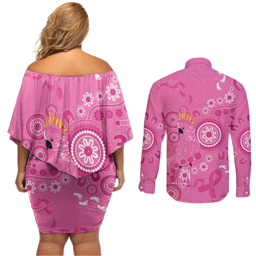 Pink Ribbon Australia Couples Matching Off Shoulder Short Dress and Long Sleeve Button Shirt Breast Cancer Awareness Aboriginal Cacatua leadbeateri - Aussie Hoodie