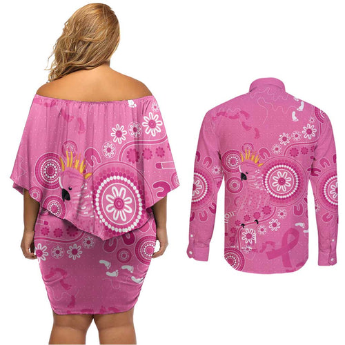 Pink Ribbon Australia Couples Matching Off Shoulder Short Dress and Long Sleeve Button Shirt Breast Cancer Awareness Aboriginal Cacatua leadbeateri - Aussie Hoodie