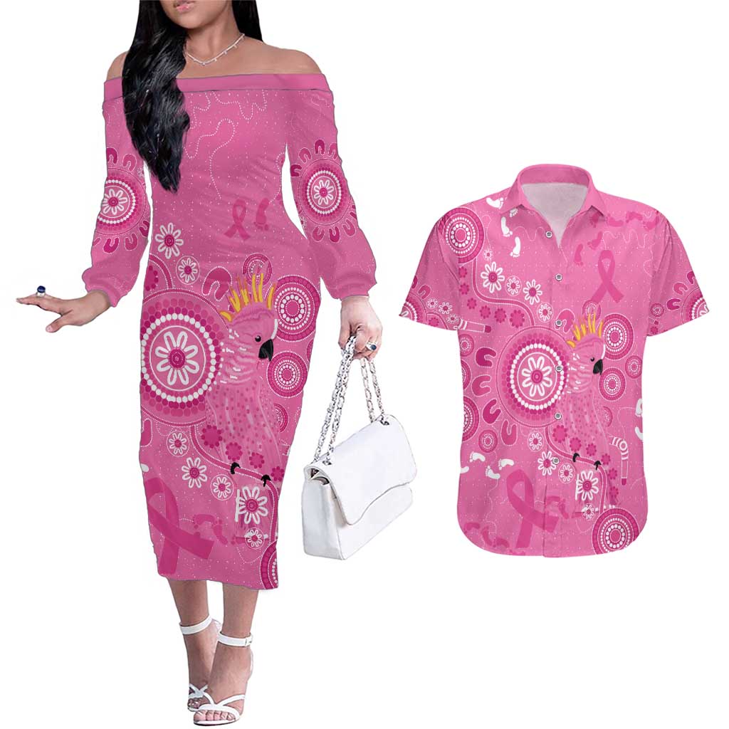 Pink Ribbon Australia Couples Matching Off The Shoulder Long Sleeve Dress and Hawaiian Shirt Breast Cancer Awareness Aboriginal Cacatua leadbeateri - Aussie Hoodie