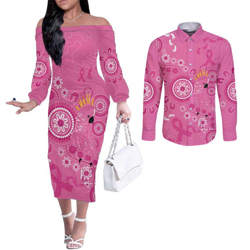 Pink Ribbon Australia Couples Matching Off The Shoulder Long Sleeve Dress and Long Sleeve Button Shirt Breast Cancer Awareness Aboriginal Cacatua leadbeateri - Aussie Hoodie