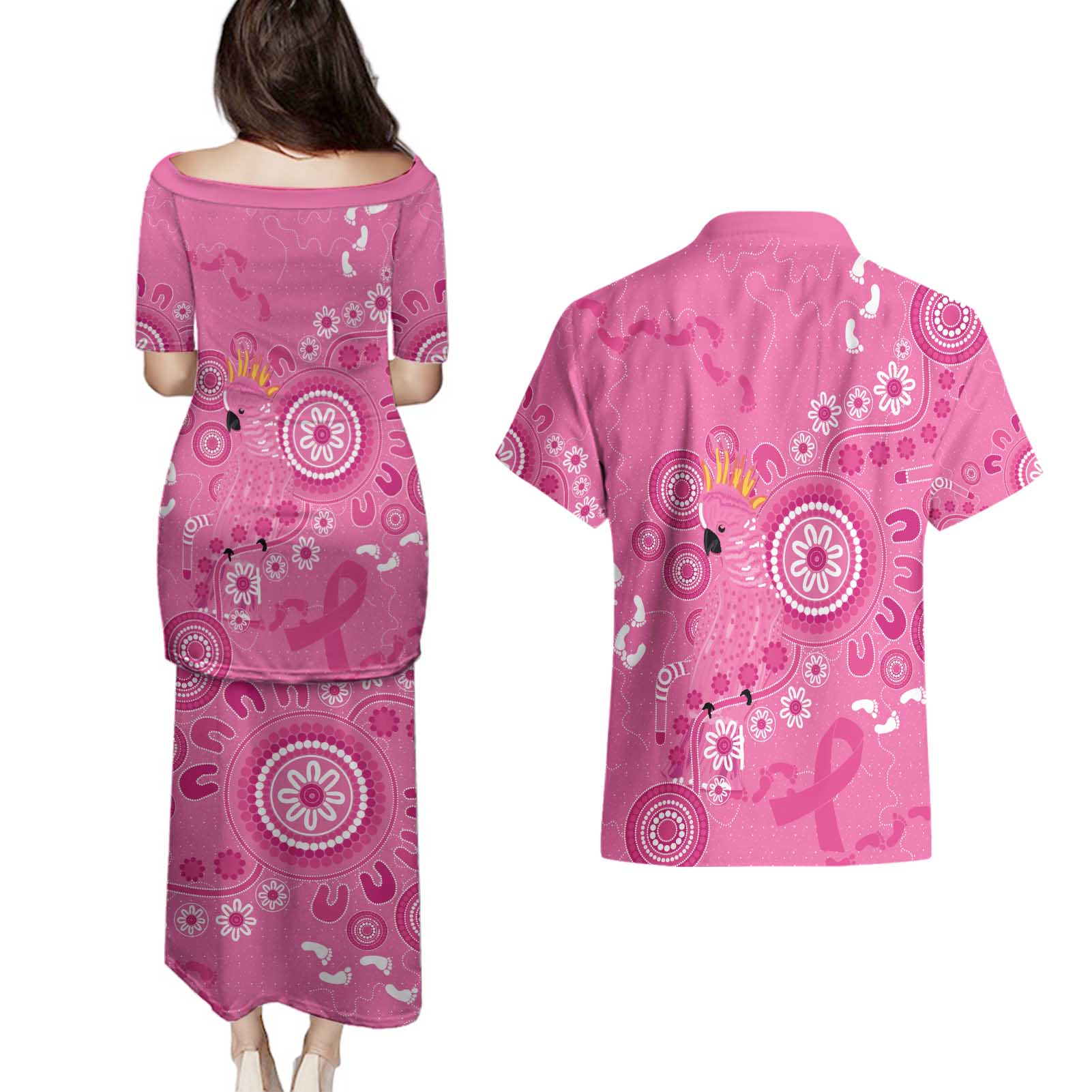 Pink Ribbon Australia Couples Matching Puletasi and Hawaiian Shirt Breast Cancer Awareness Aboriginal Cacatua leadbeateri - Aussie Hoodie