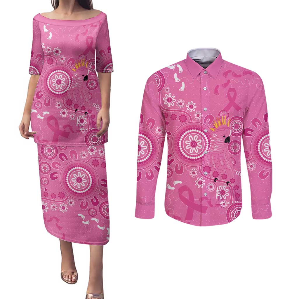Pink Ribbon Australia Couples Matching Puletasi and Long Sleeve Button Shirt Breast Cancer Awareness Aboriginal Cacatua leadbeateri - Aussie Hoodie