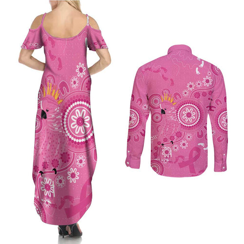 Pink Ribbon Australia Couples Matching Summer Maxi Dress and Long Sleeve Button Shirt Breast Cancer Awareness Aboriginal Cacatua leadbeateri - Aussie Hoodie