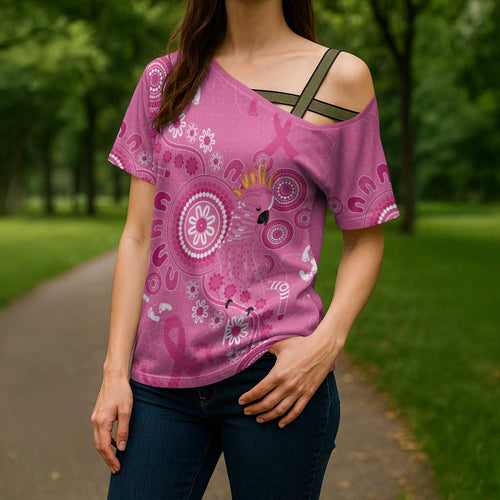 Pink Ribbon Australia Cross Shoulder Shirt Breast Cancer Awareness Aboriginal Cacatua leadbeateri - Aussie Hoodie