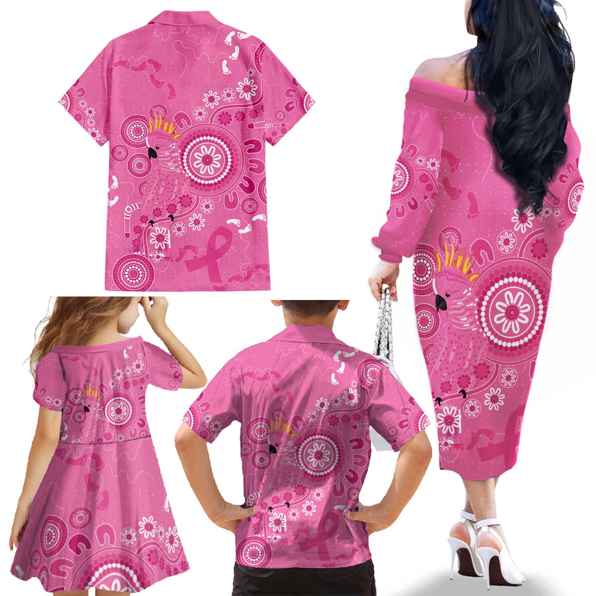 Pink Ribbon Australia Family Matching Off The Shoulder Long Sleeve Dress and Hawaiian Shirt Breast Cancer Awareness Aboriginal Cacatua leadbeateri - Aussie Hoodie