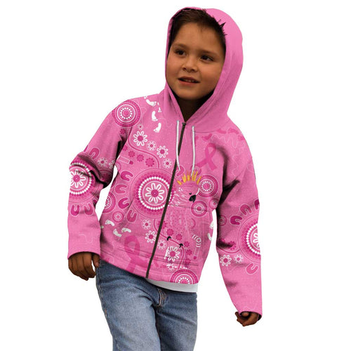 Pink Ribbon Australia Kid Hoodie Breast Cancer Awareness Aboriginal Cacatua leadbeateri - Aussie Hoodie
