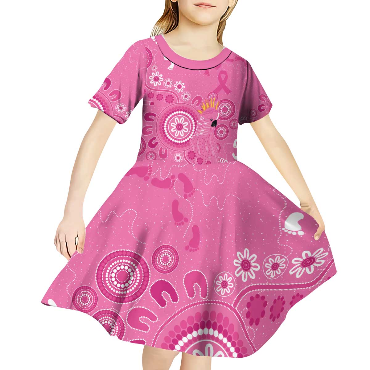 Pink Ribbon Australia Kid Short Sleeve Dress Breast Cancer Awareness Aboriginal Cacatua leadbeateri - Aussie Hoodie