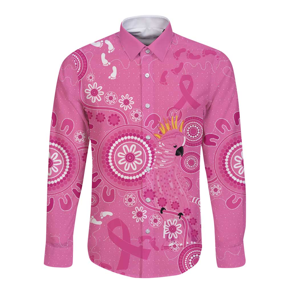 Pink Ribbon Australia Long Sleeve Button Shirt Breast Cancer Awareness Aboriginal Cacatua leadbeateri - Aussie Hoodie