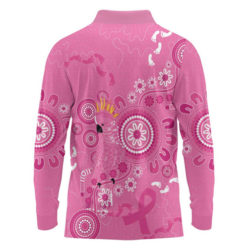 Pink Ribbon Australia Long Sleeve Polo Shirt Breast Cancer Awareness Aboriginal Cacatua leadbeateri - Aussie Hoodie
