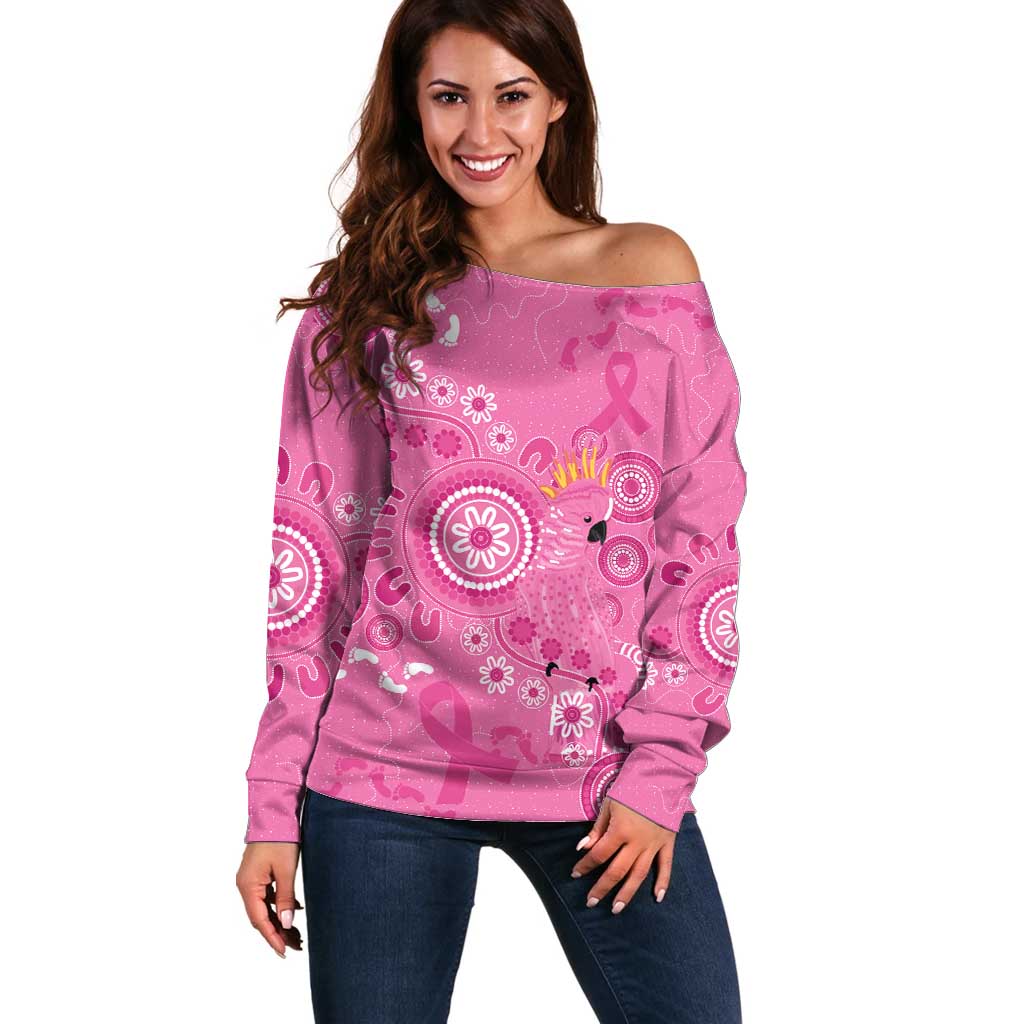Pink Ribbon Australia Off Shoulder Sweater Breast Cancer Awareness Aboriginal Cacatua leadbeateri - Aussie Hoodie
