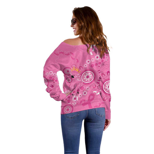 Pink Ribbon Australia Off Shoulder Sweater Breast Cancer Awareness Aboriginal Cacatua leadbeateri - Aussie Hoodie