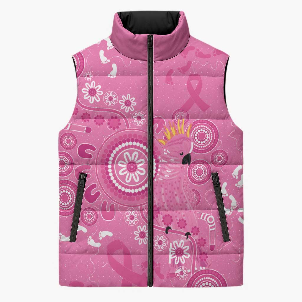 Pink Ribbon Australia Sleeveless Puffer Jacket Breast Cancer Awareness Aboriginal Cacatua leadbeateri - Aussie Hoodie