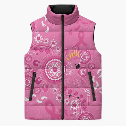 Pink Ribbon Australia Sleeveless Puffer Jacket Breast Cancer Awareness Aboriginal Cacatua leadbeateri - Aussie Hoodie
