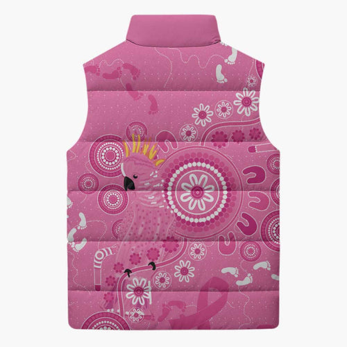 Pink Ribbon Australia Sleeveless Puffer Jacket Breast Cancer Awareness Aboriginal Cacatua leadbeateri - Aussie Hoodie