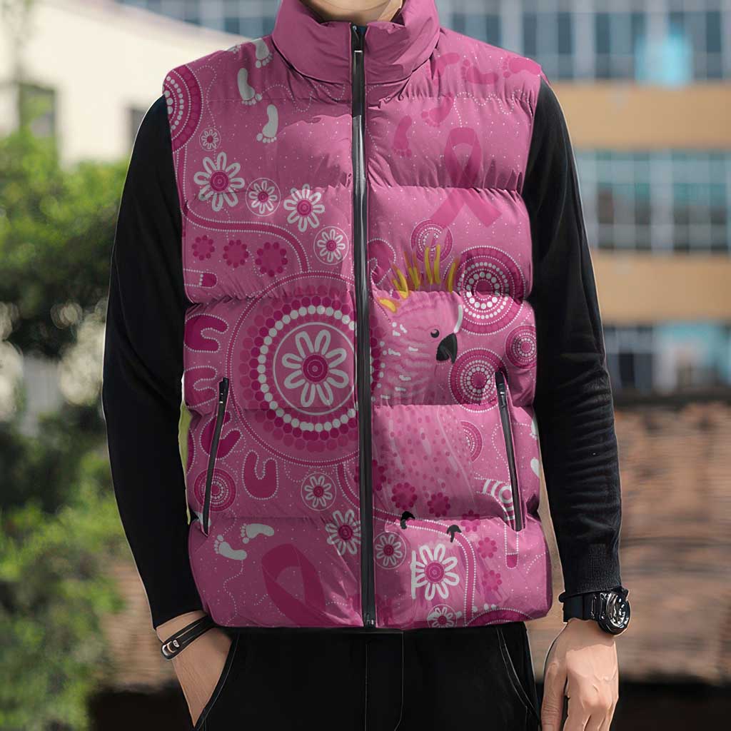 Pink Ribbon Australia Sleeveless Puffer Jacket Breast Cancer Awareness Aboriginal Cacatua leadbeateri - Aussie Hoodie