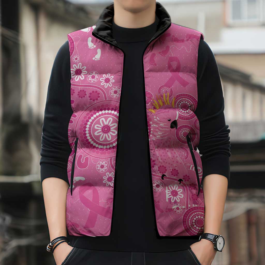Pink Ribbon Australia Sleeveless Puffer Jacket Breast Cancer Awareness Aboriginal Cacatua leadbeateri - Aussie Hoodie
