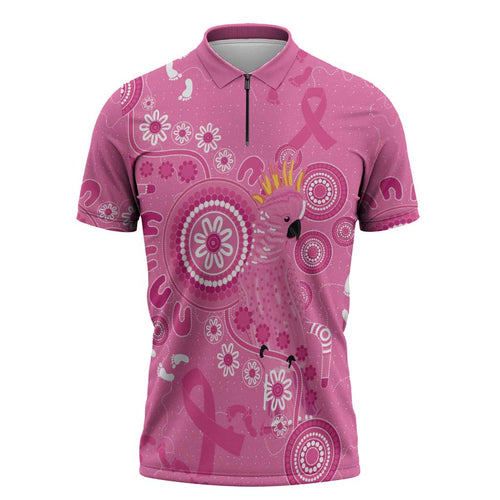 Pink Ribbon Australia Zipper Polo Shirt Breast Cancer Awareness Aboriginal Cacatua leadbeateri - Aussie Hoodie