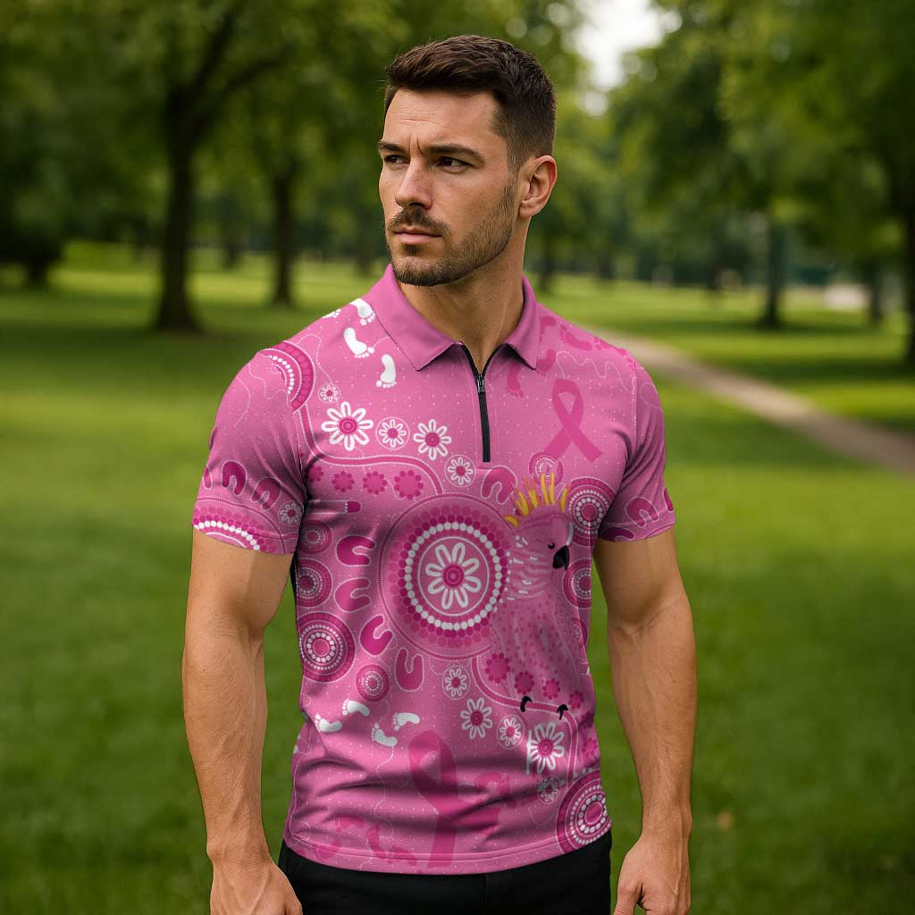 Pink Ribbon Australia Zipper Polo Shirt Breast Cancer Awareness Aboriginal Cacatua leadbeateri - Aussie Hoodie