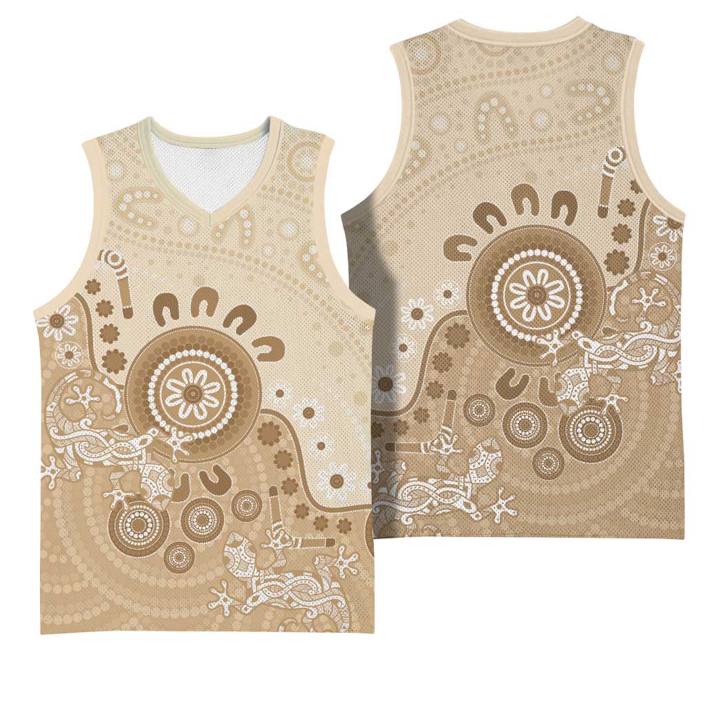 Beige Lizards Australia Basketball Jersey Boomerang Indigenous Art - Aussie Hoodie