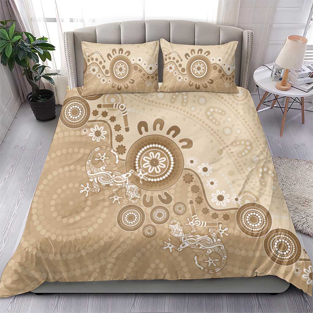 Beige Lizards Australia Bedding Set Boomerang Indigenous Art - Aussie Hoodie