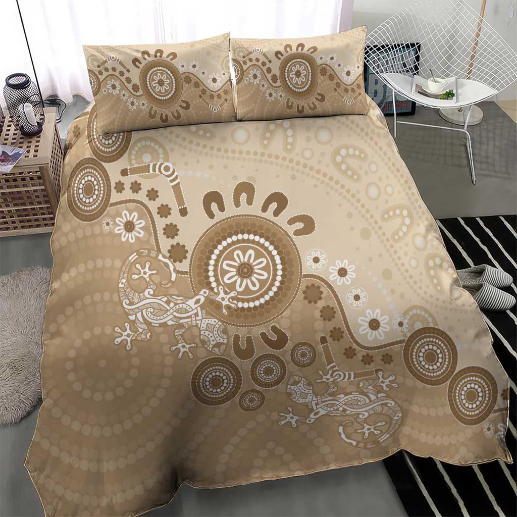 Beige Lizards Australia Bedding Set Boomerang Indigenous Art - Aussie Hoodie