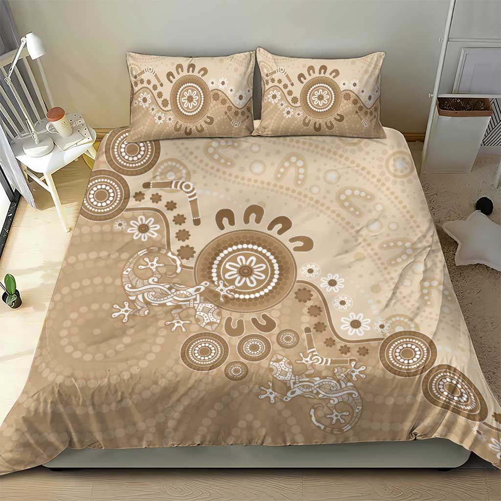Beige Lizards Australia Bedding Set Boomerang Indigenous Art - Aussie Hoodie