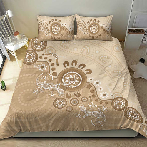 Beige Lizards Australia Bedding Set Boomerang Indigenous Art - Aussie Hoodie