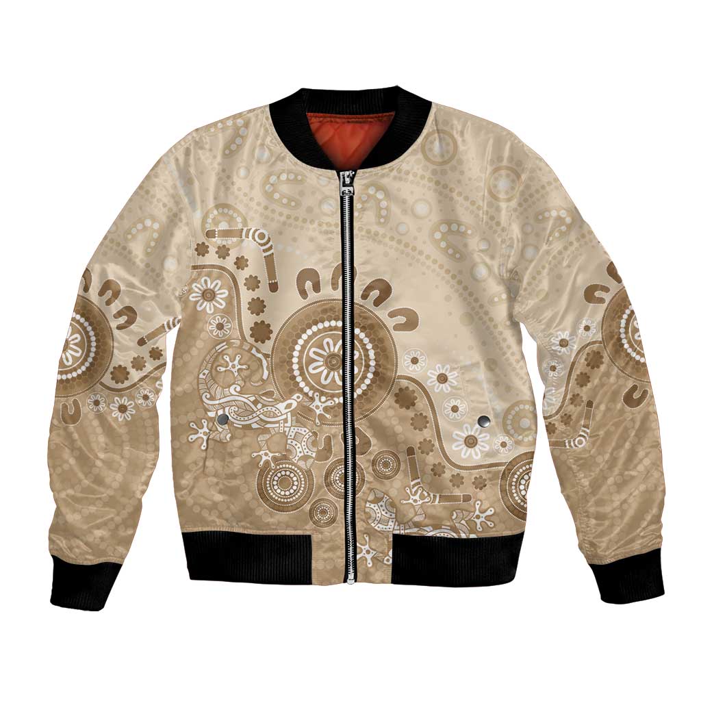 Beige Lizards Australia Bomber Jacket Boomerang Indigenous Art - Aussie Hoodie