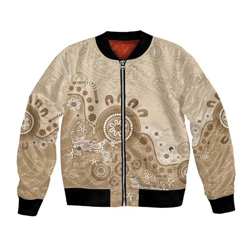 Beige Lizards Australia Bomber Jacket Boomerang Indigenous Art - Aussie Hoodie