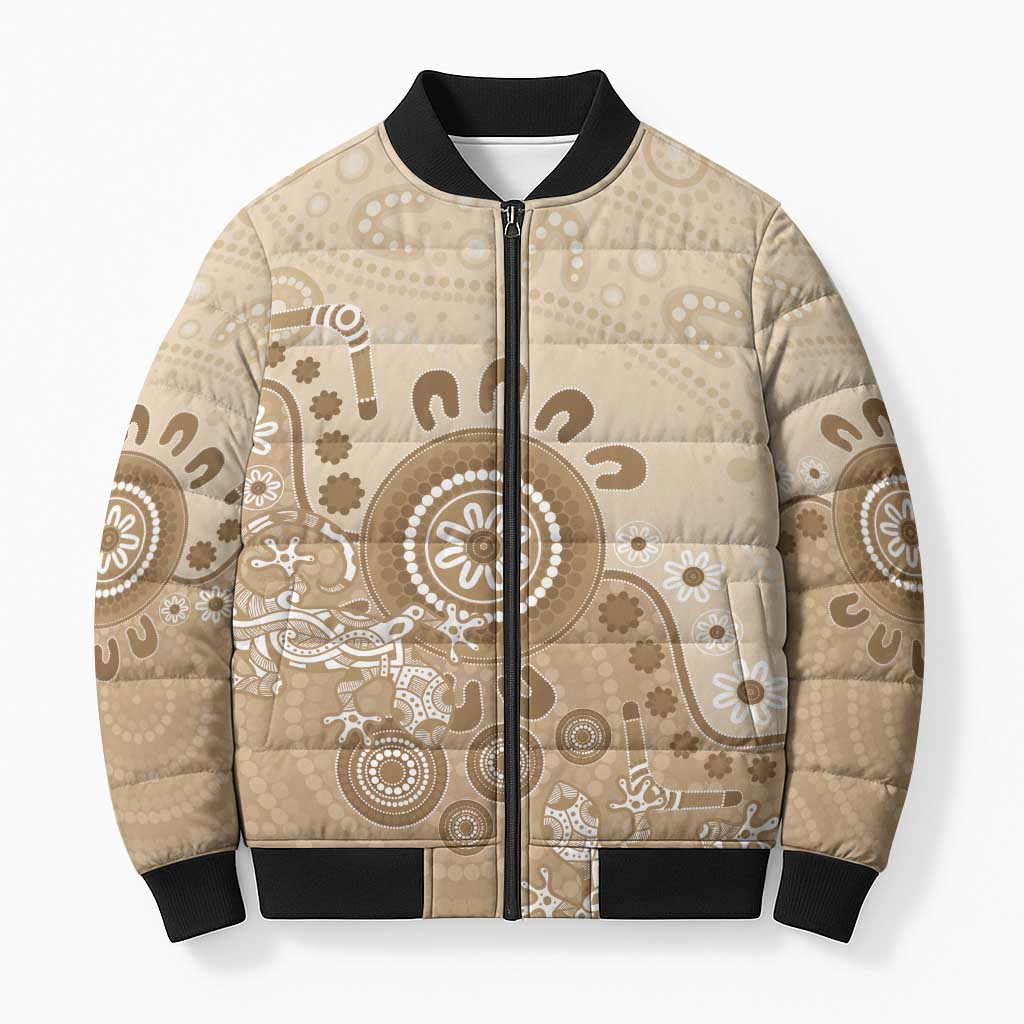 Beige Lizards Australia Bomber Puffer Jacket Boomerang Indigenous Art - Aussie Hoodie