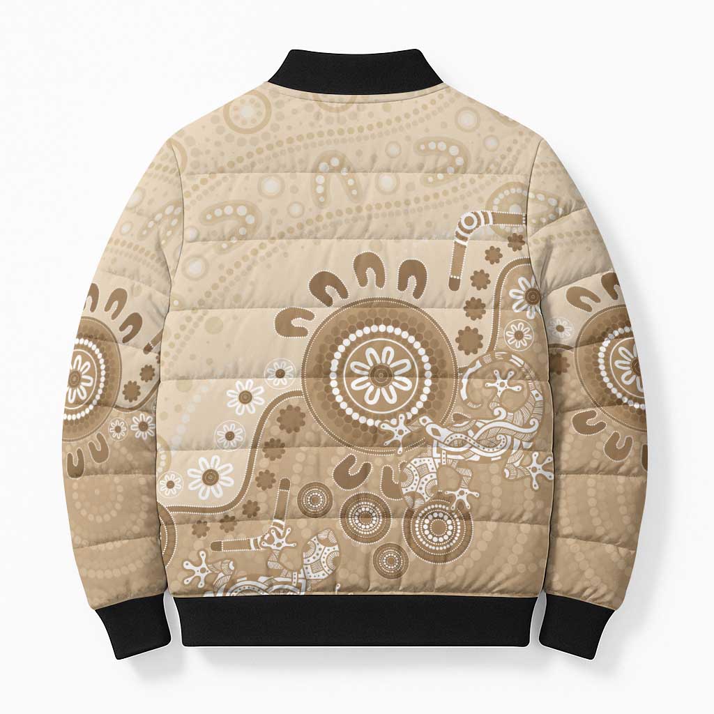 Beige Lizards Australia Bomber Puffer Jacket Boomerang Indigenous Art - Aussie Hoodie