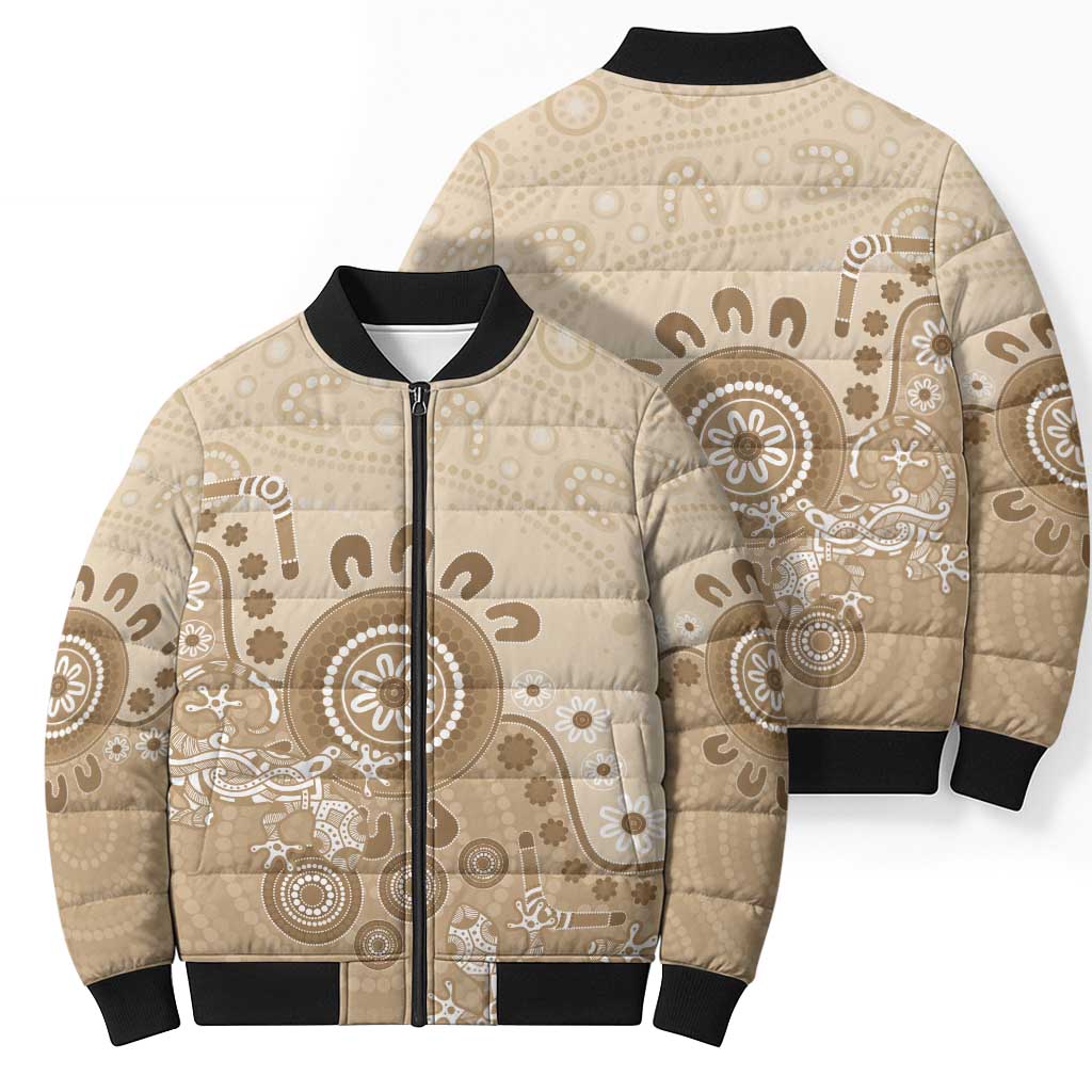 Beige Lizards Australia Bomber Puffer Jacket Boomerang Indigenous Art - Aussie Hoodie