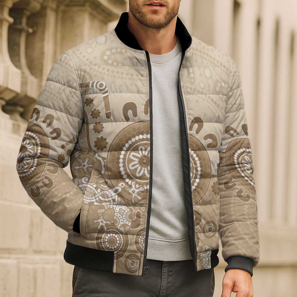 Beige Lizards Australia Bomber Puffer Jacket Boomerang Indigenous Art - Aussie Hoodie