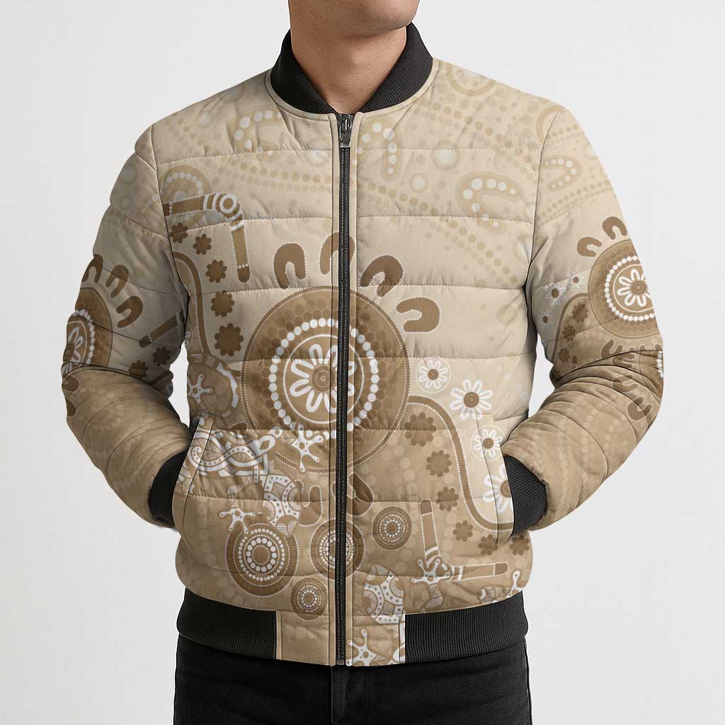 Beige Lizards Australia Bomber Puffer Jacket Boomerang Indigenous Art - Aussie Hoodie