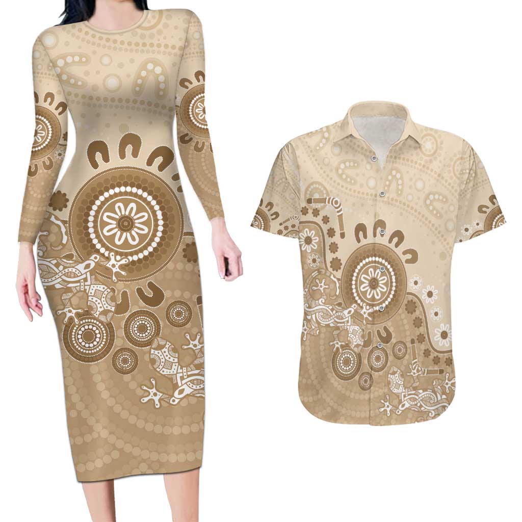 Beige Lizards Australia Couples Matching Long Sleeve Bodycon Dress and Hawaiian Shirt Boomerang Indigenous Art - Aussie Hoodie