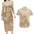 Beige Lizards Australia Couples Matching Long Sleeve Bodycon Dress and Hawaiian Shirt Boomerang Indigenous Art - Aussie Hoodie