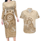 Beige Lizards Australia Couples Matching Long Sleeve Bodycon Dress and Hawaiian Shirt Boomerang Indigenous Art - Aussie Hoodie